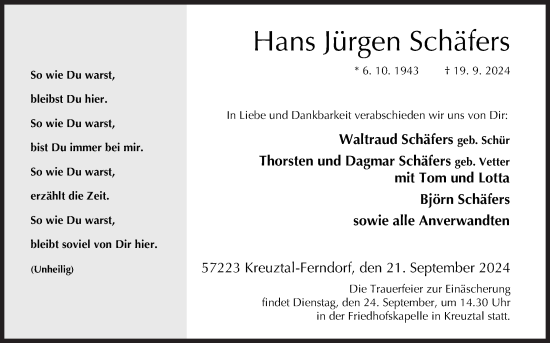 Traueranzeige von Hans Jürgen Schäfers von Siegener Zeitung
