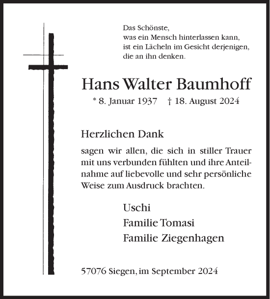 Traueranzeige von Hans Walter Baumhoff von Siegener Zeitung