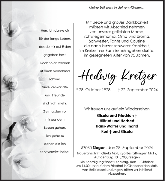 Traueranzeige von Hedwig Kretzer von Siegener Zeitung