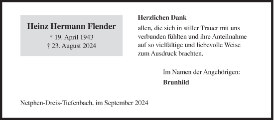 Traueranzeige von Heinz Hermann Flender von Siegener Zeitung