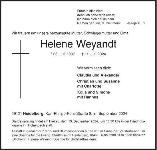 Traueranzeige von Helene Weyandt von Siegener Zeitung