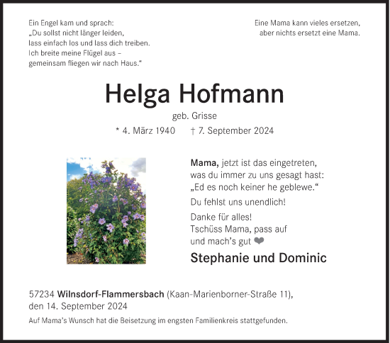 Traueranzeige von Helga Hofmann von Siegener Zeitung