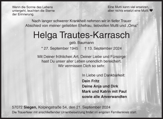 Traueranzeige von Helga Trautes-Karrasch von Siegener Zeitung