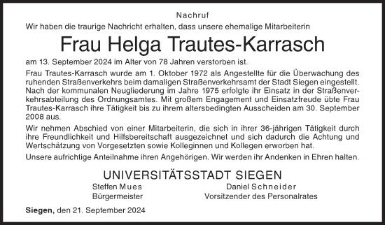 Traueranzeige von Helga Trautes-Karrasch von Siegener Zeitung