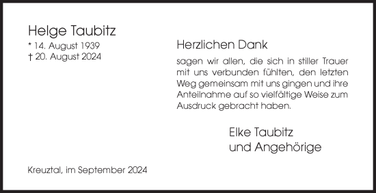 Traueranzeige von Helge Taubitz von Siegener Zeitung