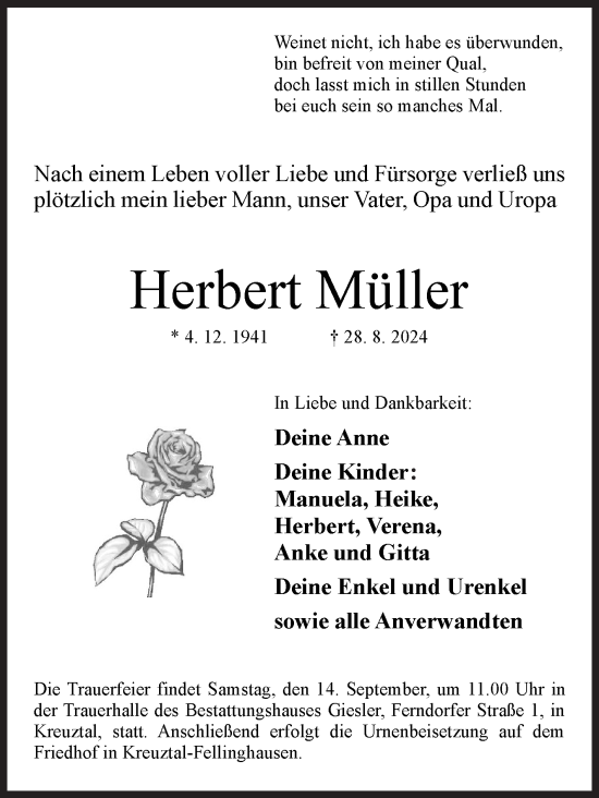 Traueranzeige von Herbert Müller von Siegener Zeitung