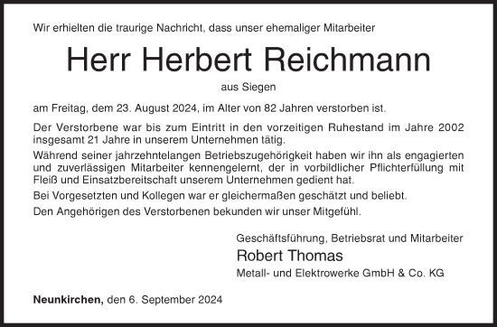 Traueranzeige von Herbert Reichmann von Siegener Zeitung