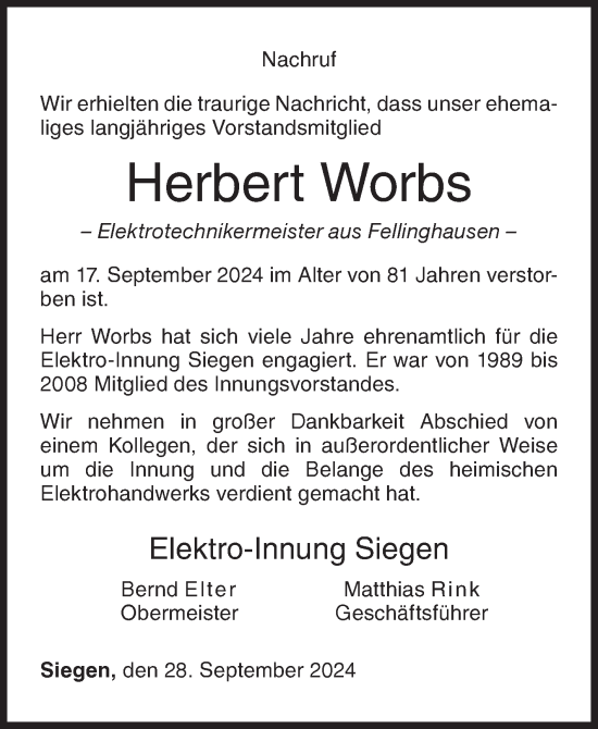 Traueranzeige von Herbert Worbs von Siegener Zeitung