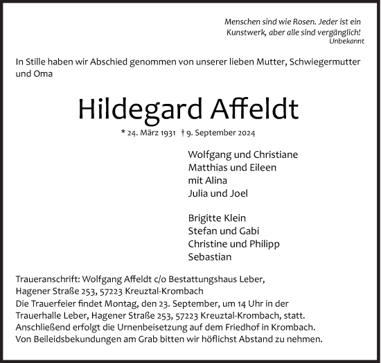 Traueranzeige von Hildegard Affeldt von Siegener Zeitung