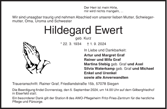 Traueranzeige von Hildegard Ewert von Siegener Zeitung