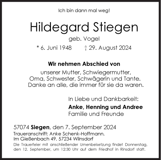 Traueranzeige von Hildegard Stiegen von Siegener Zeitung