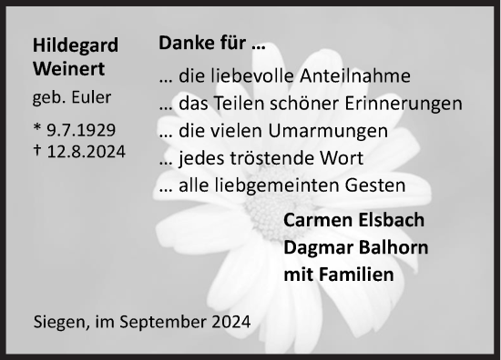 Traueranzeige von Hildegard Weinert von Siegener Zeitung