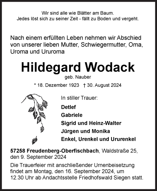 Traueranzeige von Hildegard Wodack von Siegener Zeitung