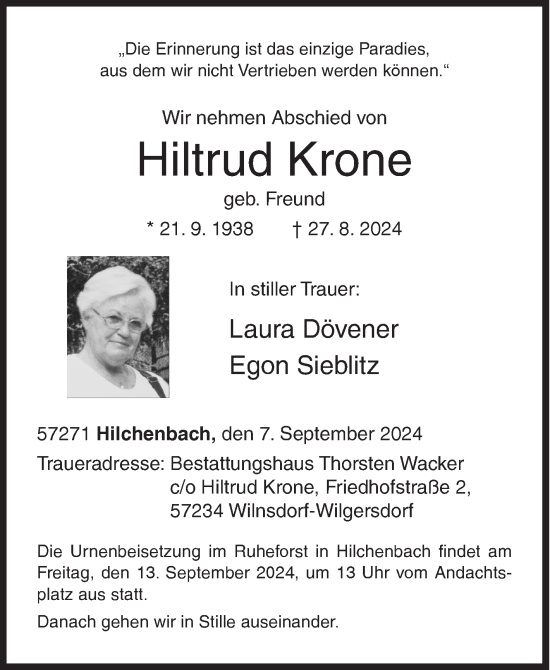 Traueranzeige von Hiltrud Krone von Siegener Zeitung