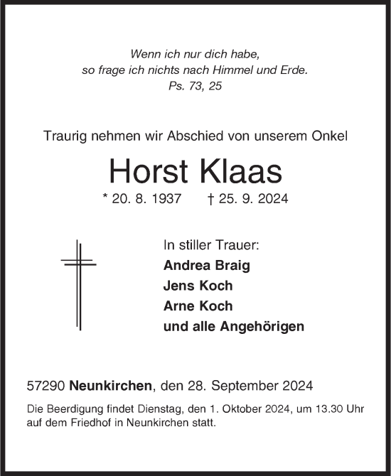 Traueranzeige von Horst Klaas von Siegener Zeitung