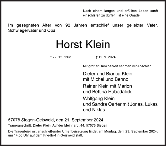 Traueranzeige von Horst Klein von Siegener Zeitung