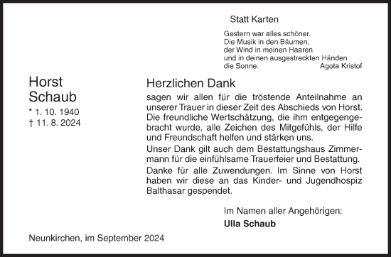 Traueranzeige von Horst Schaub von Siegener Zeitung