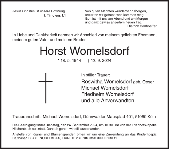 Traueranzeige von Horst Womelsdorf von Siegener Zeitung