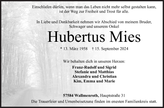 Traueranzeige von Hubertus Mies von Siegener Zeitung