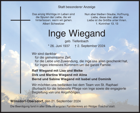 Traueranzeige von Inge Wiegand von Siegener Zeitung