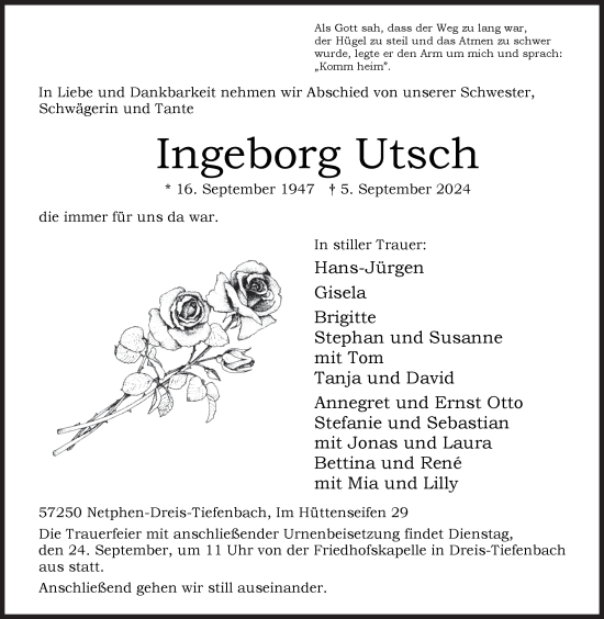Traueranzeige von Ingeborg Utsch von Siegener Zeitung