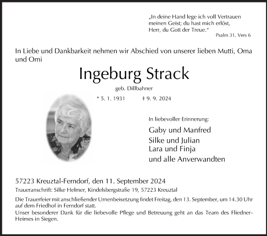Traueranzeige von Ingeburg Strack von Siegener Zeitung