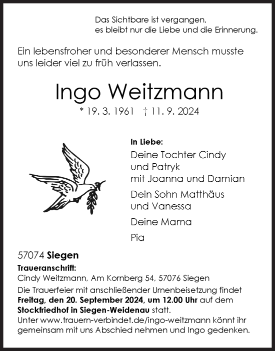 Traueranzeige von Ingo Weitzmann von Siegener Zeitung