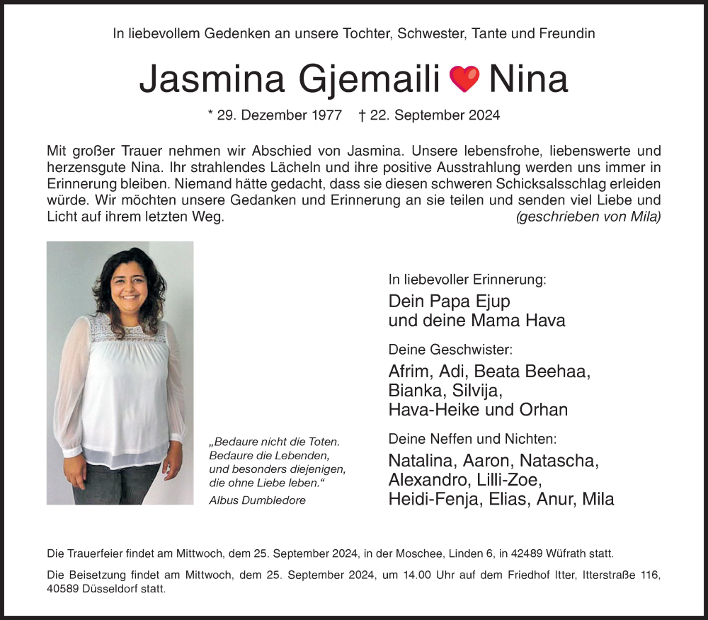  Traueranzeige für Jasmina Gjemaili vom 25.09.2024 aus Siegener Zeitung