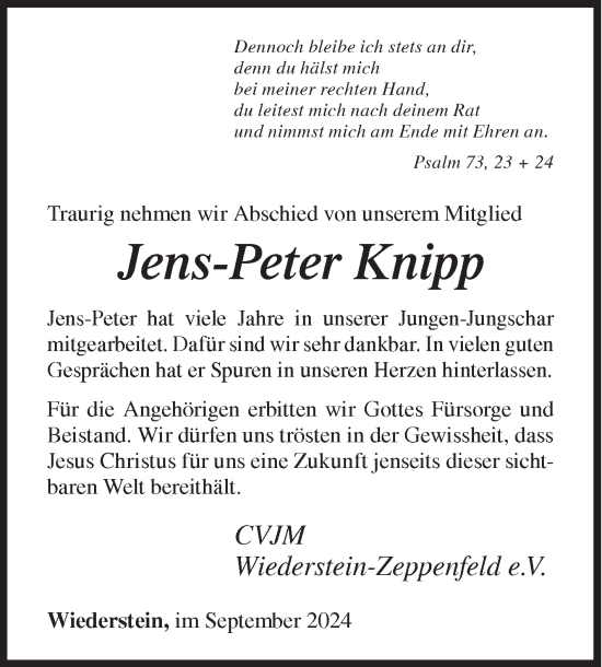 Traueranzeige von Jens-Peter Knipp von Siegener Zeitung