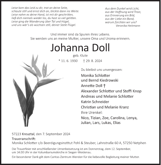 Traueranzeige von Johanna Doll von Siegener Zeitung