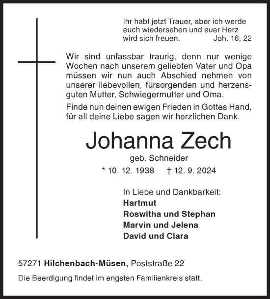 Traueranzeige von Johanna Zech von Siegener Zeitung