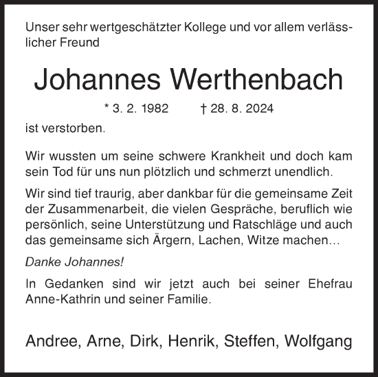 Traueranzeige von Johannes Werthenbach von Siegener Zeitung