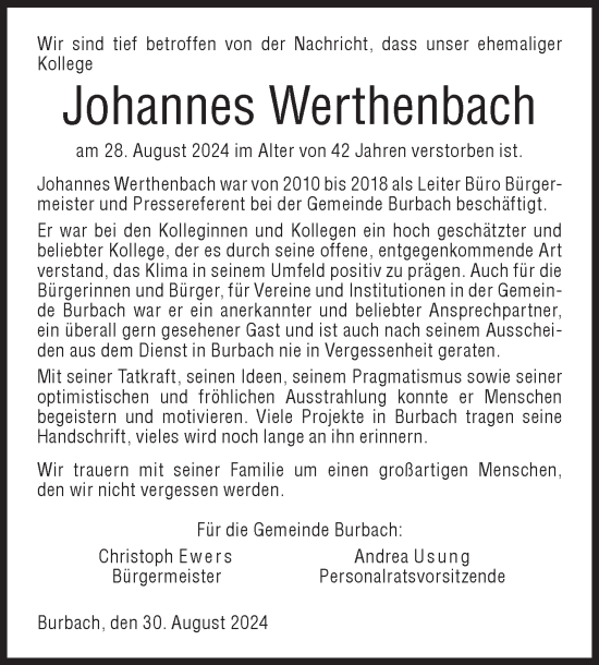 Traueranzeige von Johannes Werthenbach von Siegener Zeitung