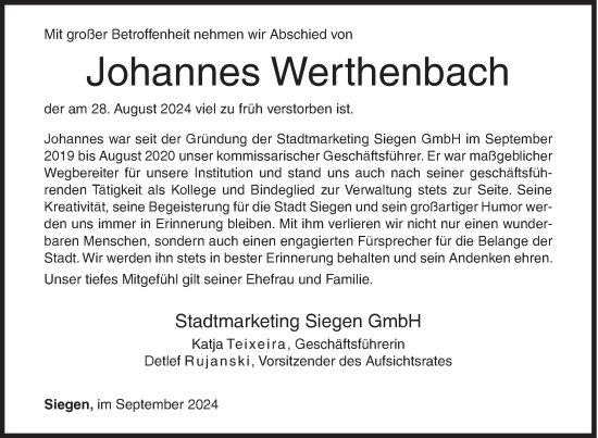 Traueranzeige von Johannes Werthenbach von Siegener Zeitung