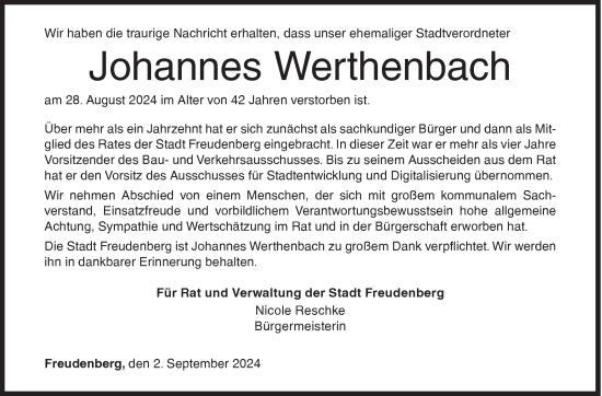 Traueranzeige von Johannes Werthenbach von Siegener Zeitung