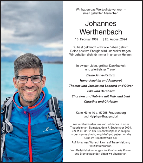 Traueranzeige von Johannes Werthenbach von Siegener Zeitung
