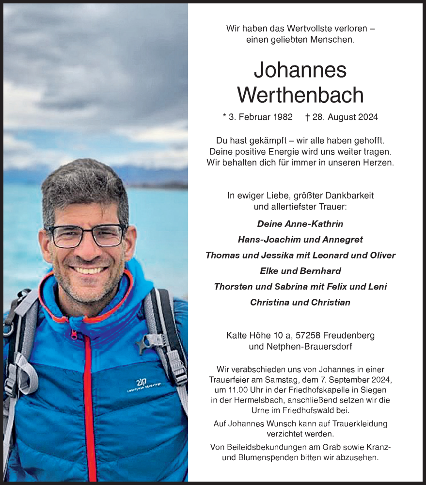  Traueranzeige für Johannes Werthenbach vom 02.09.2024 aus Siegener Zeitung
