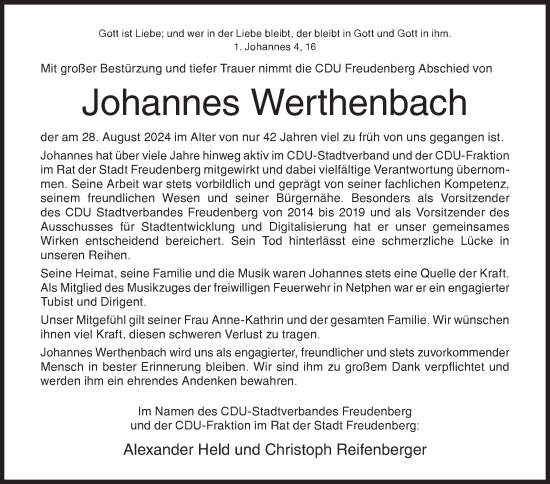 Traueranzeige von Johannes Werthenbach von Siegener Zeitung
