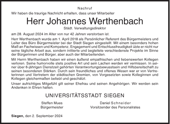 Traueranzeige von Johannes Werthenbach von Siegener Zeitung