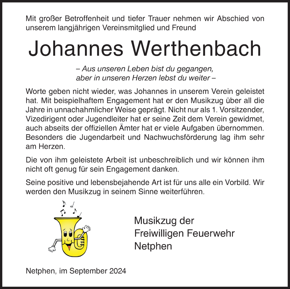  Traueranzeige für Johannes Werthenbach vom 02.09.2024 aus Siegener Zeitung