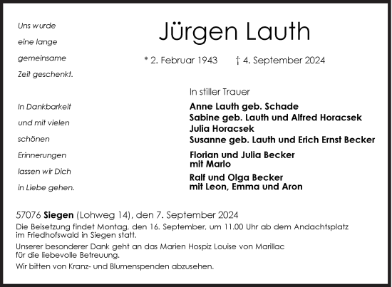 Traueranzeige von Jürgen Lauth von Siegener Zeitung