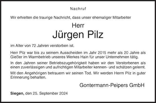 Traueranzeige von Jürgen Pilz von Siegener Zeitung