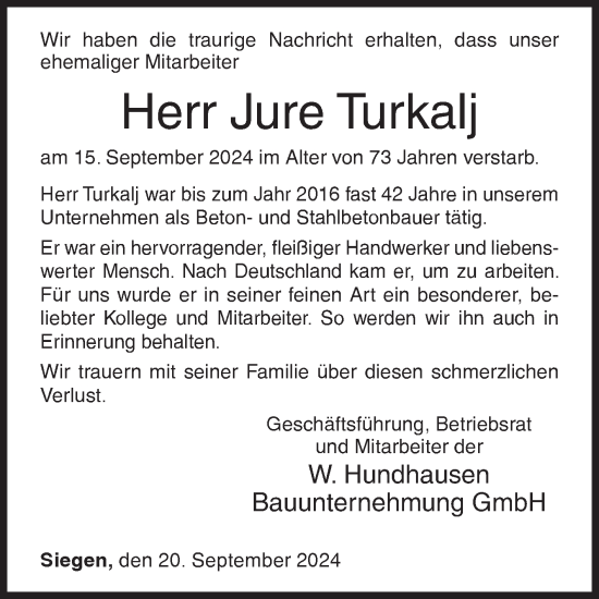 Traueranzeige von Jure Turkalj von Siegener Zeitung