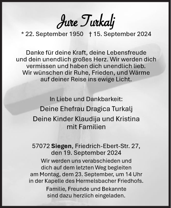 Traueranzeige von Jure Turkalj von Siegener Zeitung