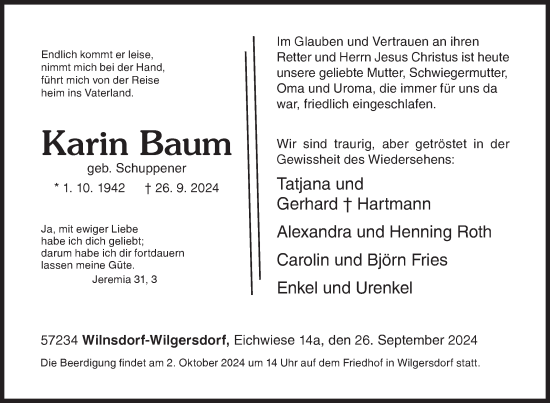 Traueranzeige von Karin Baum von Siegener Zeitung