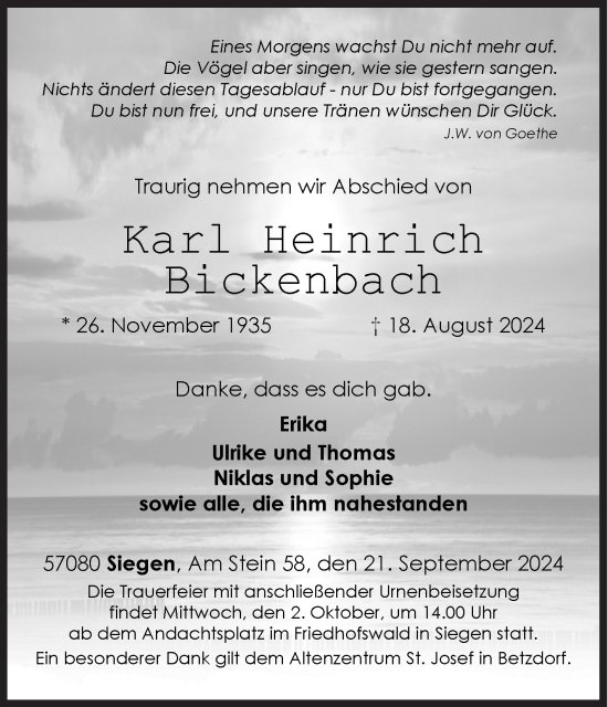Traueranzeige von Karl Bickenbach von Siegener Zeitung
