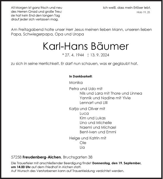 Traueranzeige von Karl-Hans Bäumer von Siegener Zeitung
