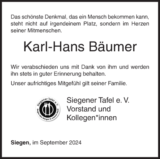 Traueranzeige von Karl-Hans Bäumer von Siegener Zeitung