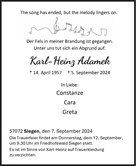 Traueranzeige von Karl-Heinz Adamek von Siegener Zeitung