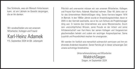 Traueranzeige von Karl-Heinz Adamek von Siegener Zeitung